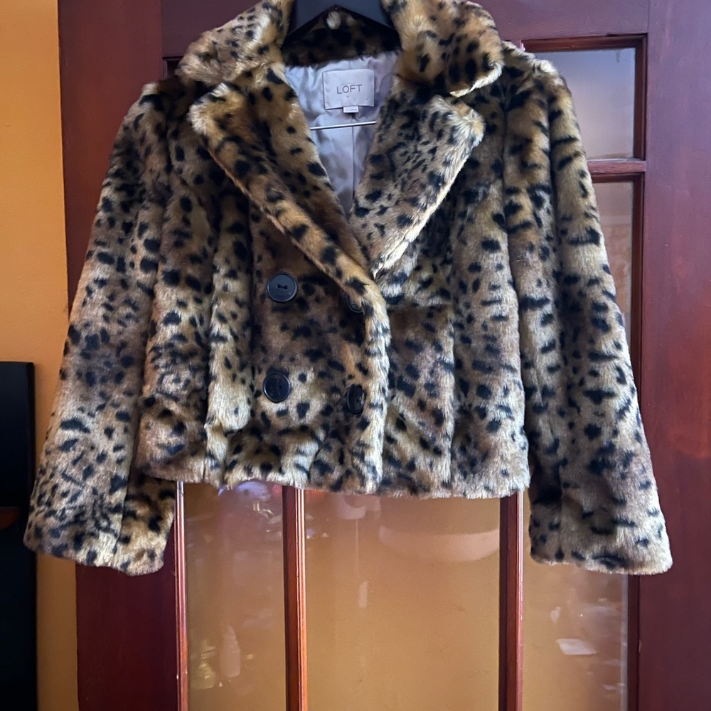 LOFT leopard print Faux Fur Cropped Jacket